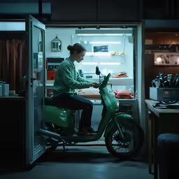 a person is riding a green motorbike inside a fridge