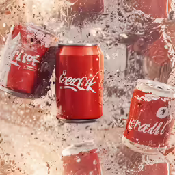 cans of soda are falling in front of a window