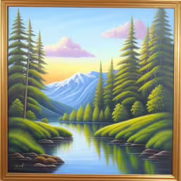 an oil painting of a forest river scene,a painting of mountains and forest reflecting in the water