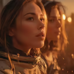 two female astronauts looking at something with bright lights