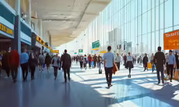 many people are walking through the airport terminal