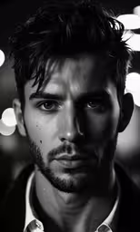 the man is posing for a picture with the lights behind him,a man in the midst of a black and white photo