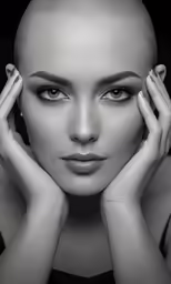 a woman posing with her hands to her face