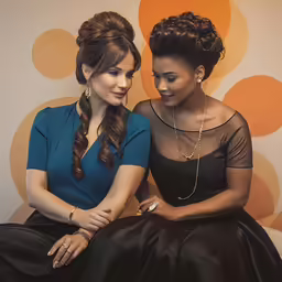 two young women sitting next to each other with their hands on their hipss