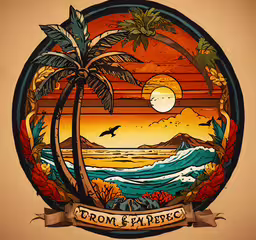 a tropical sunset with palm trees and an ocean,a colorful tropical emblem with palm trees