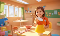 the child is sitting at a table in his playroom