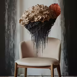 an art object in the shape of a chair with flowers hanging from the back