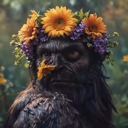 a very large furry bear with some flowers in his hair