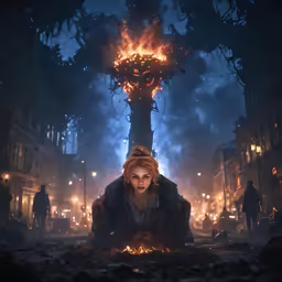 the girl in the fire pit is watching something from her knees