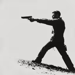 an image of a man with a gun standing in the air