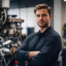 a man standing with his arms crossed in front of a large machinery
