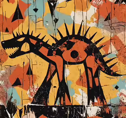 colorful abstract painting of an animal standing in front of a bright yellow sun
