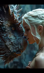 the female looks into the distance as a dragon licks her face