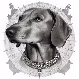 a black and white drawing of a dog wearing a collar