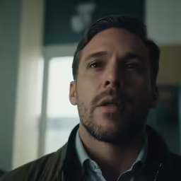 a man stares directly into the camera from behind his head