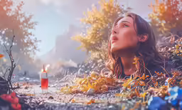 a woman lays in flowers with her eyes open