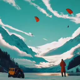 a person is standing in the snow with some kites