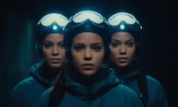 three women in helmets with white lights and a light on their head