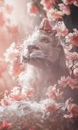 a white cat with black eyes and nose in flowers