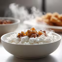 close up of a bowl of rice and meat sitting on a counter