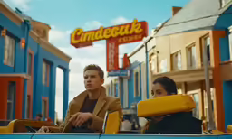a man and a woman driving a small car