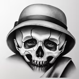 a man with skeleton face and hat drawn in black and white