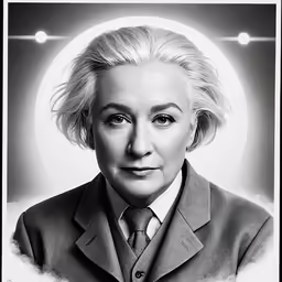a woman in a suit and tie looks into the camera