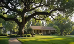 a small white house in the shade of the big trees