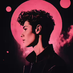 an abstract photograph of a young man in front of a moon,a painting of a woman
