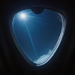 an airplane window looking out on a blue sky with bright white clouds