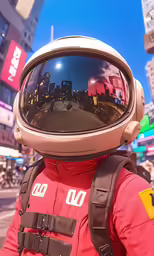 a person with a reflection of buildings on their helmet