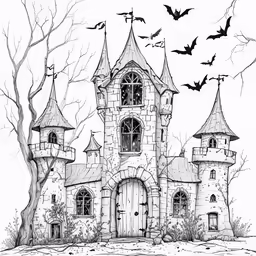 the drawing of a castle with bats flying over it