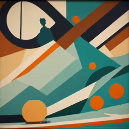 an abstract painting featuring shapes and shapes,a painting of mountains and circles on the wall