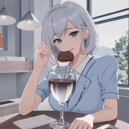 the anime is eating and drinking a glass of wine