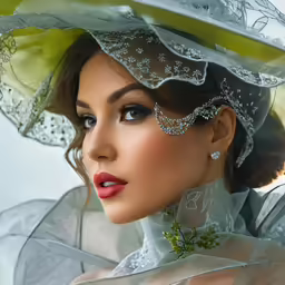 a lady wearing a white dress and green hat