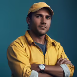 a man wearing a hat and yellow shirt is leaning his arms on his chin