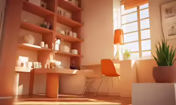 an orange chair is in front of an office desk