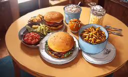 a table that has some burgers, french fries and drinks on it,three sandwiches, fries and cole slaw sitting on a round table