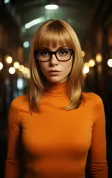 a woman wearing glasses looks directly into the camera