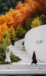 people walking past an artisticly designed stairway