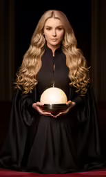 blonde lady wearing a long black coat and holding a bowl in her hand