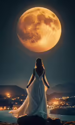 woman with dress standing in front of a full moon