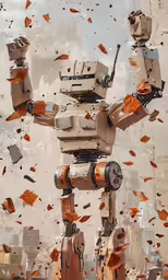 a robot made out of multiple parts in front of many falling pieces of glass