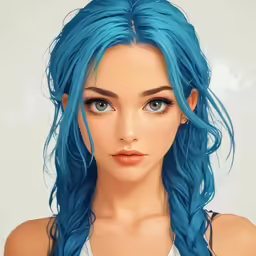 a woman with blue hair wearing a white tank top