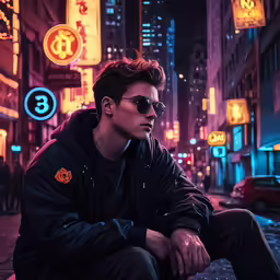a man in sunglasses sitting on the ground at night
