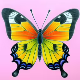 a painting of a butterfly on a pink background,a beautiful colorful butterfly with a pink background,a painting of a colorful butterfly against a pink background,a close up of a yellow and black butterfly,a picture of a yellow butterfly on pink background