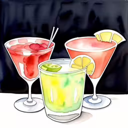 two glasses of alcohol sit next to each other,three glasses filled with different colored drinks on top of a table,three glasses filled with different types of drinks,a painting of three beverages with lemons,two glasses of colorful drinks with limes and cherries