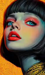 a woman with long, wavy hair and blue eyes, has a red lip