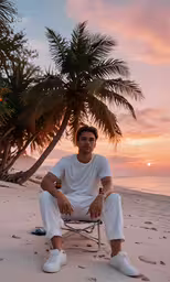 a man sitting on a chair in front of a palm tree