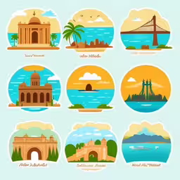 a series of twelve detailed pictures with all the different buildings in different styles,some famous places and their travel icons